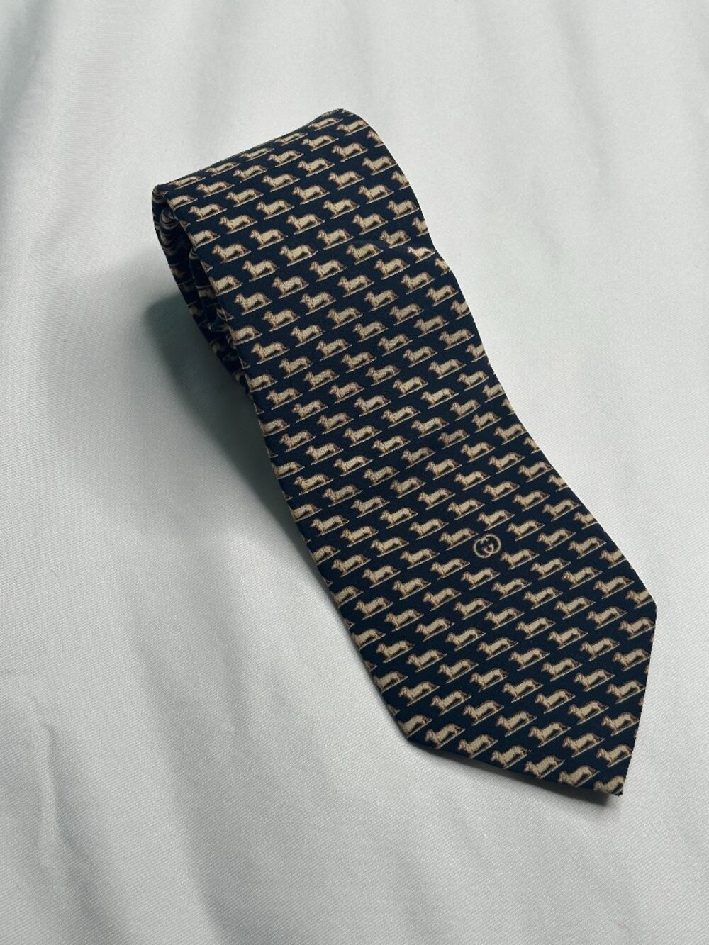 Gucci Men's Blue Dachshund Print Silk Necktie Made in Italy